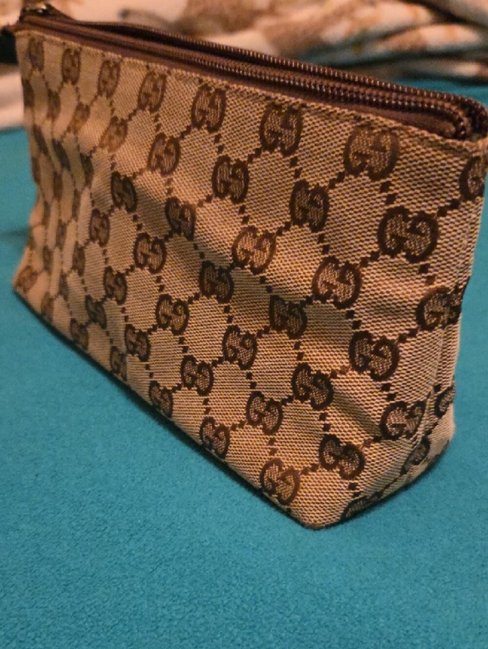Gucci Brown Monogram Zip Pouch with Dark Brown Trim - Picture 9 of 14